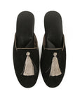 Black Suede Women's Slippers with Bronze Piping and Tassels