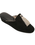 Black Suede Women's Slippers with Bronze Piping and Tassels