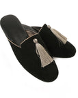 Black Suede Women's Slippers with Bronze Piping and Tassels