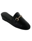 Black Leather Buckle Women's Slippers
