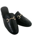 Black Leather Buckle Women's Slippers