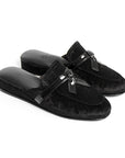 Black Velvet Patent Leather Women's Slippers with Bow