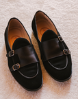 Black Suede Black Leather Belted Women's Shoes