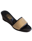 Black Leather Gold Mesh Collar Women's Slippers