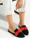 Black Suede Women's Shoes Slippers with Red Bow