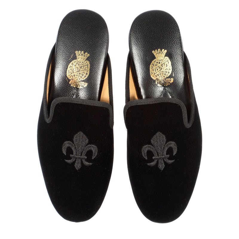 Black Velvet Embroidered Men&#39;s Slippers