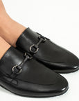 Black Leather Buckle Men's Slippers